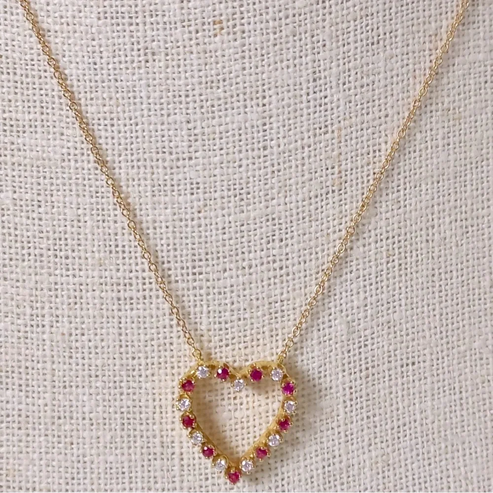 🌹SOLD! ❌ 18K Open Heart Red Ruby Diamond Necklace - Picture 4 of 11